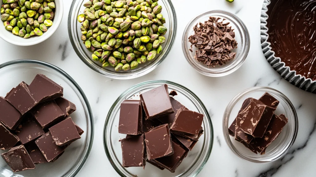 Homemade pistachio chocolate bar made from premium chocolate and fresh nuts.