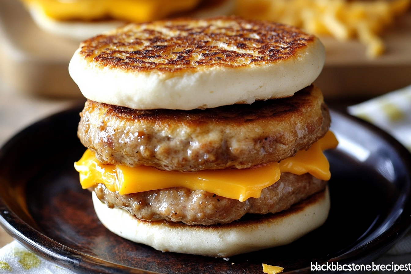 Breakfast items cooking on a Blackstone griddle, including pancakes and bacon