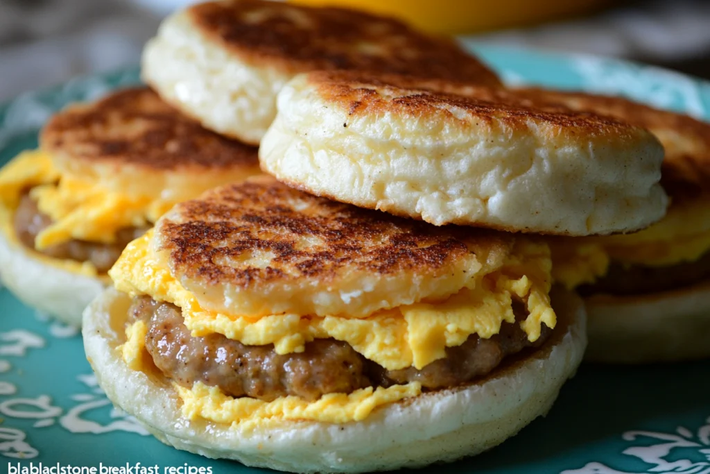 Breakfast items cooking on a Blackstone griddle, including pancakes and bacon