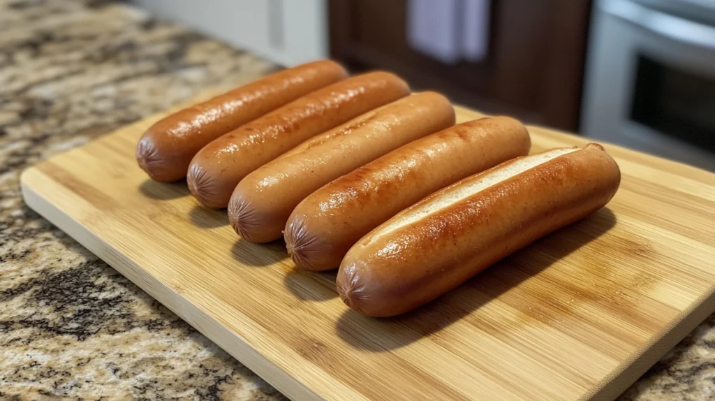 A selection of grilled weiners displayed with colorful condiments