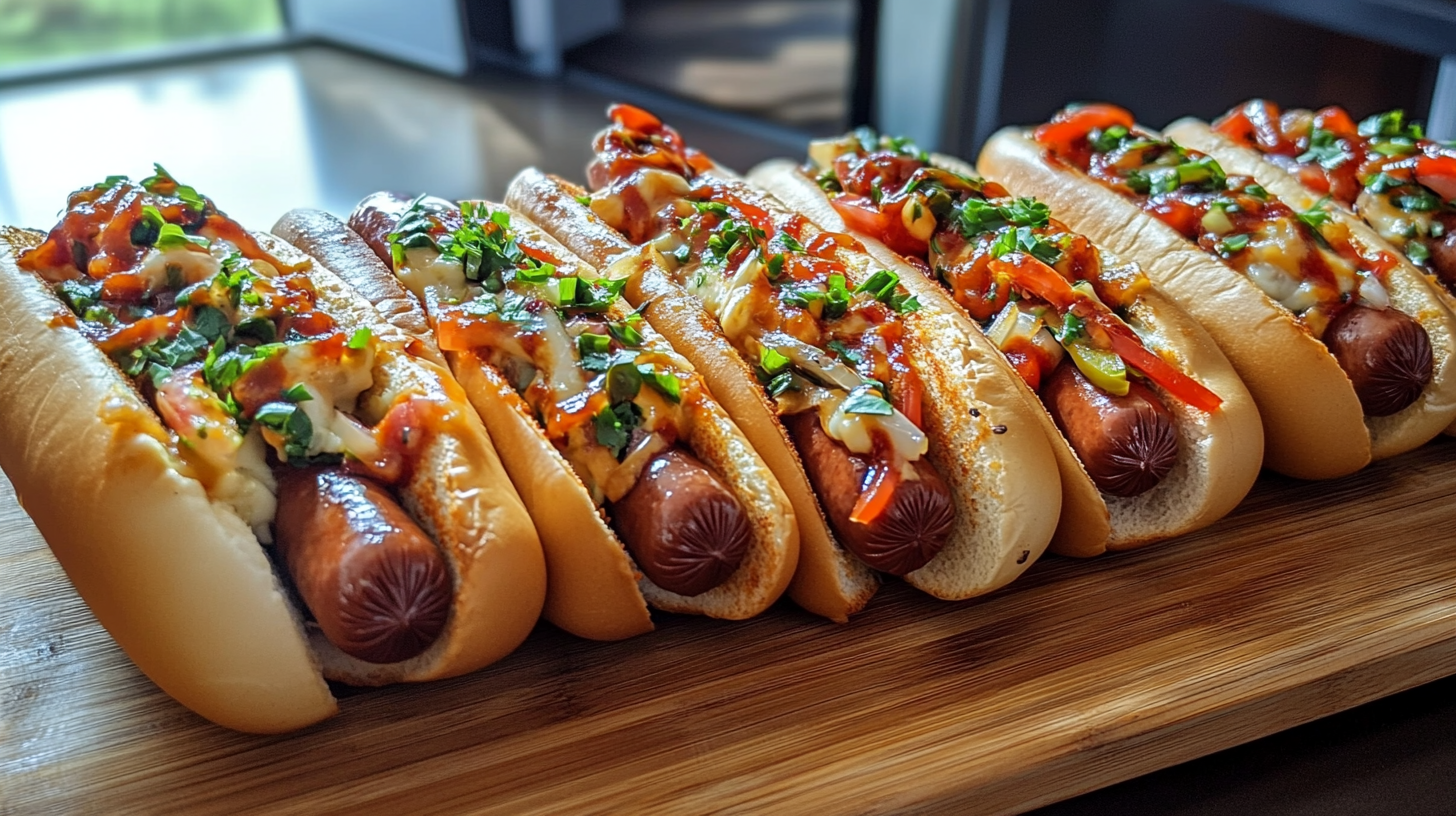 A selection of grilled weiners displayed with colorful condiments