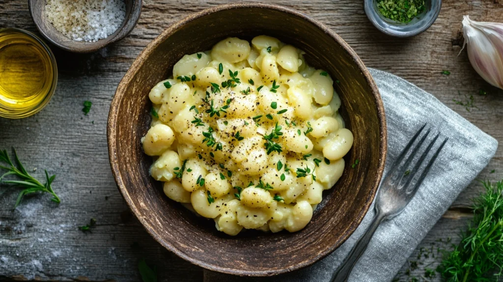 Creamy butter bean recipe with fresh herbs in a bowl