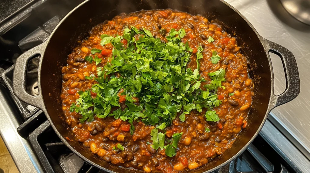 A bowl of cooked beans black eye seasoned with fresh herbs