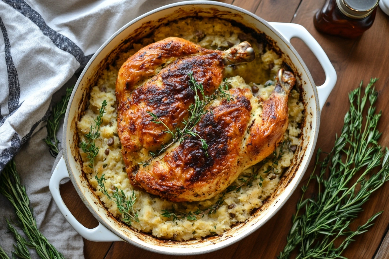 chicken dressing recipe overhead view in baking dish