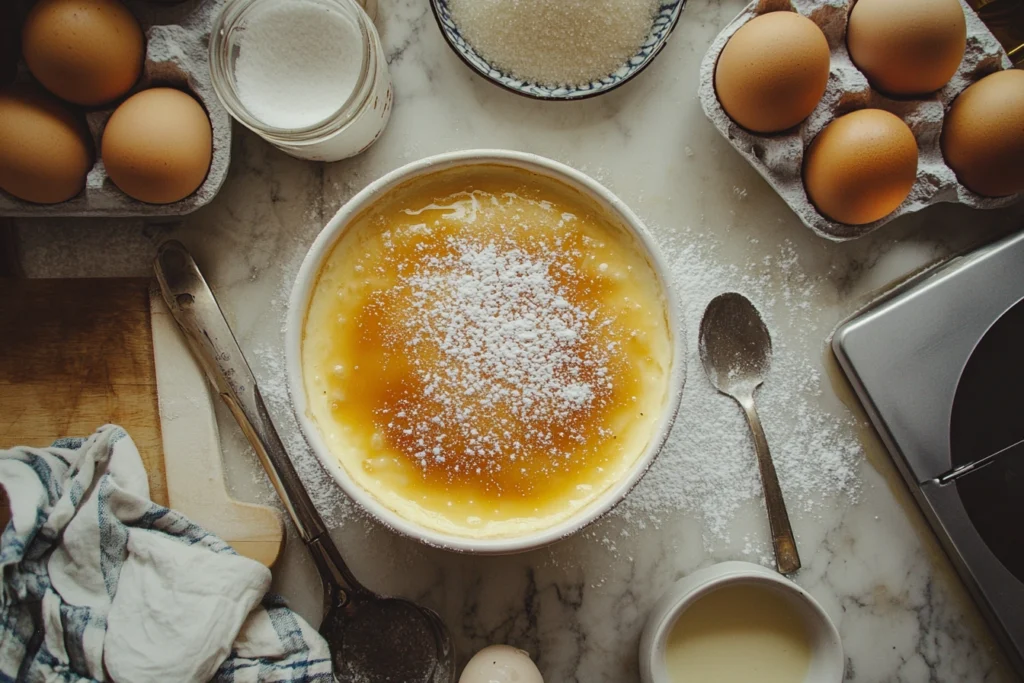 What is the secret of crème brûlée? Creamy custard topped with caramelized sugar.