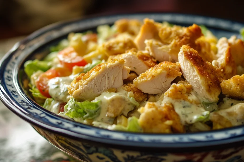 a recipe for chicken and dressing in a casserole dish overhead view