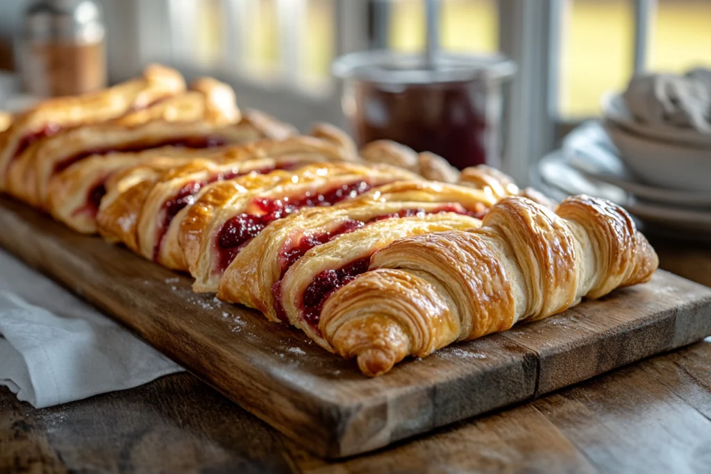 Freshly baked croissants and assorted breakfast pastries on a tray