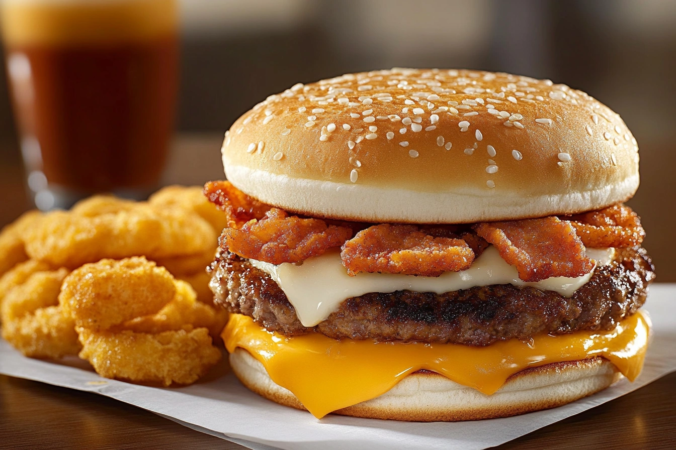 A freshly prepared burger king breakfast Croissan’wich with coffee and hash browns