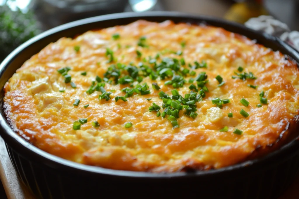 A golden, freshly baked chicken and dressing recipe in a white baking dish