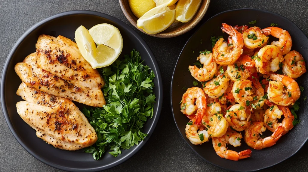 Chicken and shrimp recipes plated with fresh herbs