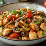 a great recipe with chicken diced tomotos zucchimi and mushrooms skillet view