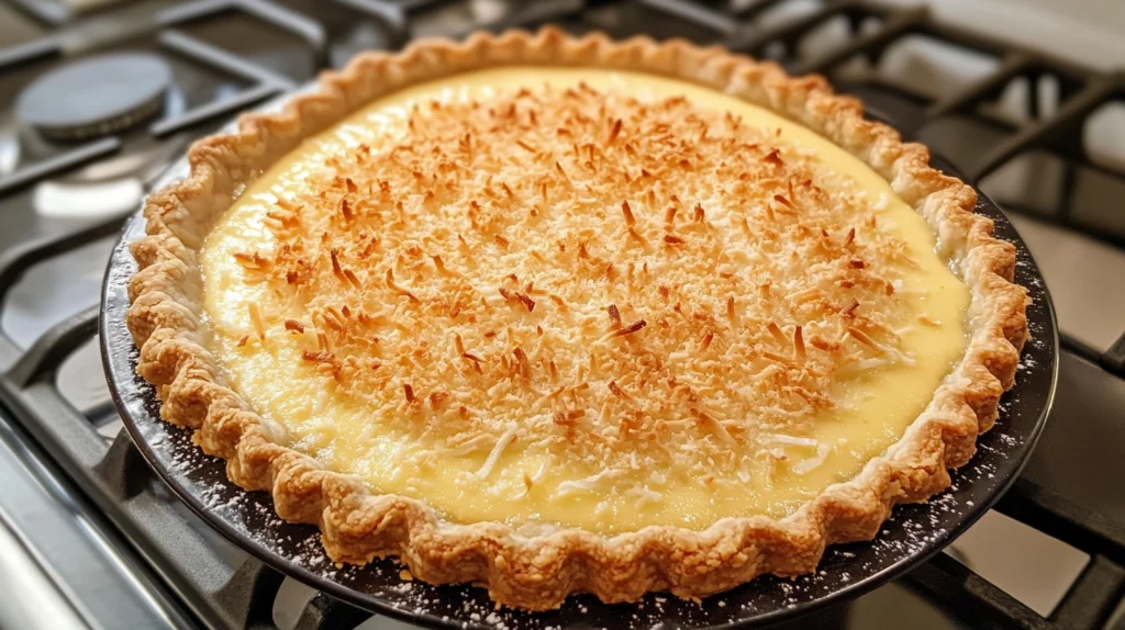 Overhead view of a creamy coconut-infused custard slice on a white plate