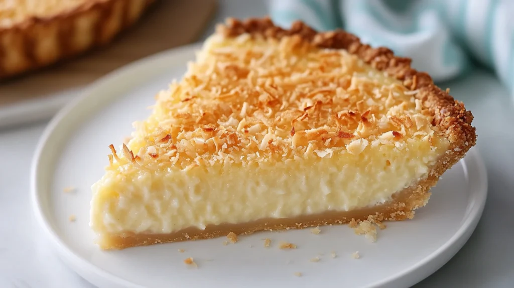 Overhead view of a creamy coconut-infused custard slice on a white plate