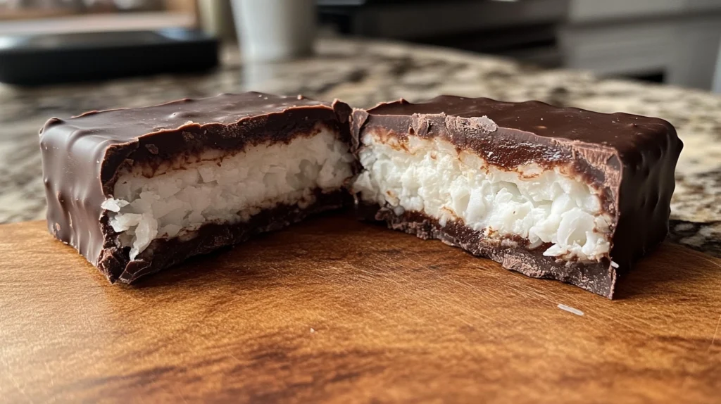 Homemade dark chocolate bounty bars sliced in half