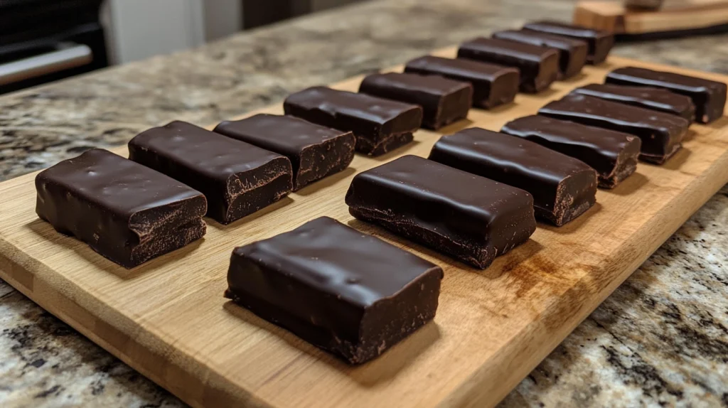 Homemade dark chocolate bounty bars sliced in half