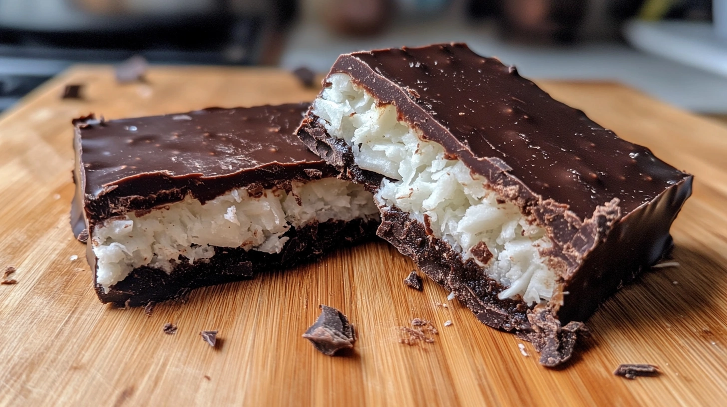 Homemade dark chocolate bounty bars sliced in half