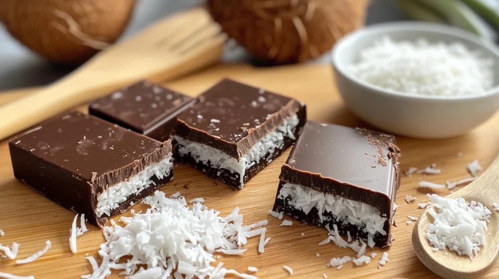 Homemade dark chocolate bounty bars sliced in half