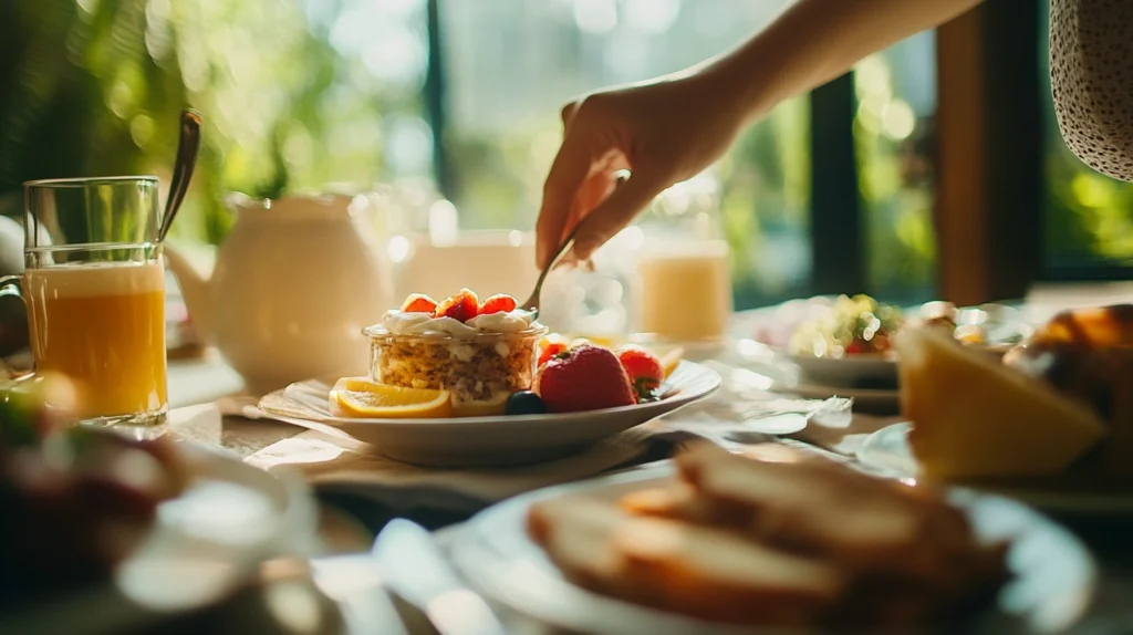 Easy breakfast ideas displayed overhead on a bright kitchen counter