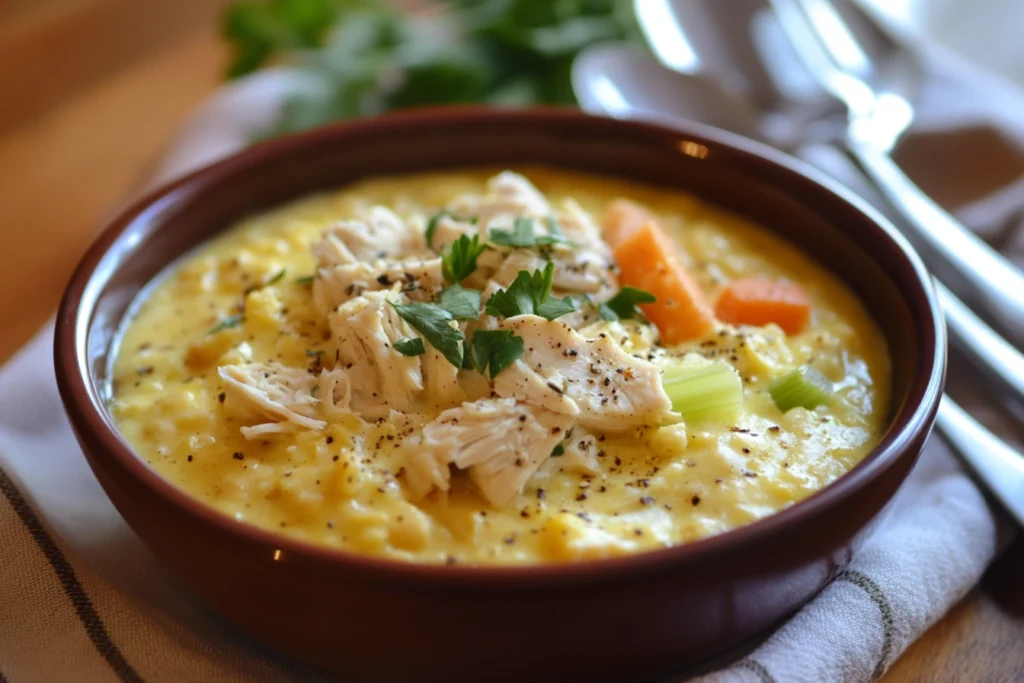 A golden, freshly baked chicken and dressing recipe in a white baking dish