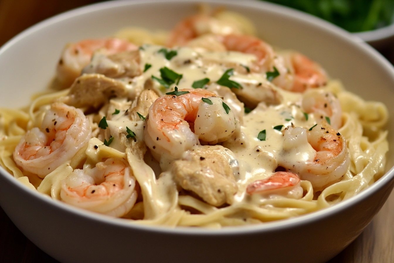 Creamy pasta dish featuring chicken and shrimp alfredo recipe