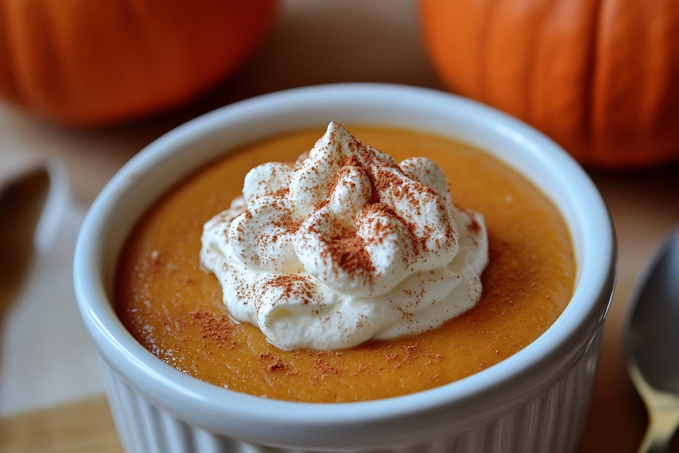 A ramekin of creamy pumpkin custard dessert