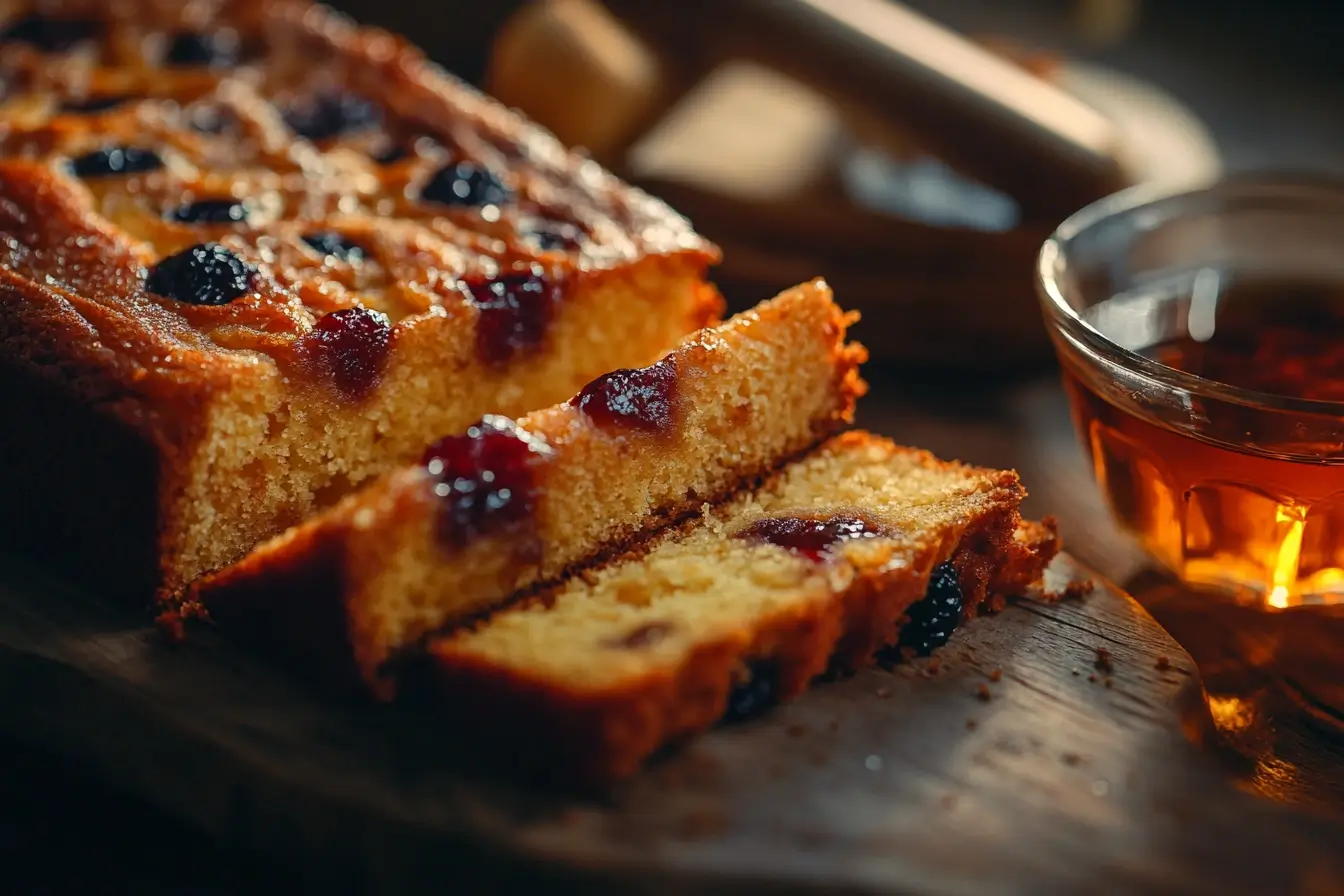 A close-up slice of caribbean festival rum cake recipe, highlighting rum-soaked fruits in the crumb.