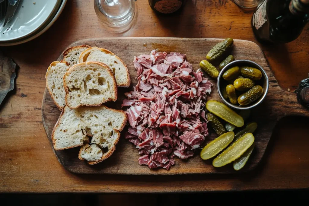 Overhead view of canned corned beef on a board with bread and pickles, illustrating What do you eat canned corned beef with?