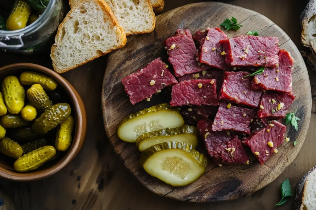 Overhead view of canned corned beef on a board with bread and pickles, illustrating What do you eat canned corned beef with?