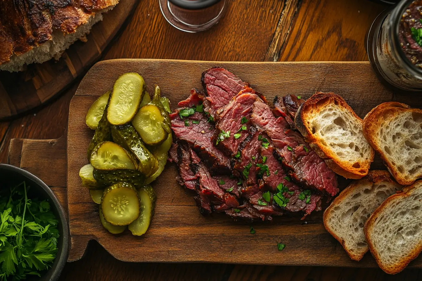 Overhead view of canned corned beef on a board with bread and pickles, illustrating What do you eat canned corned beef with?