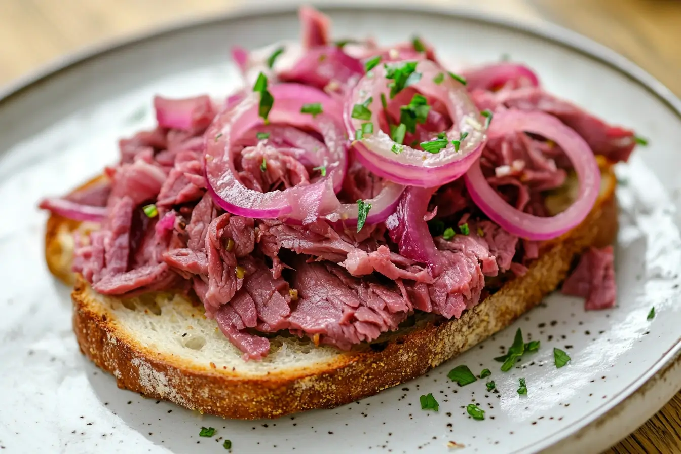 Sliced canned corned beef on bread showing Can I eat canned corned beef without cooking?