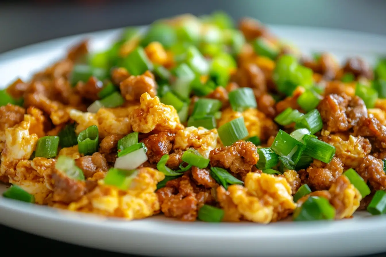 A plate of just egg scramble topped with spring onions