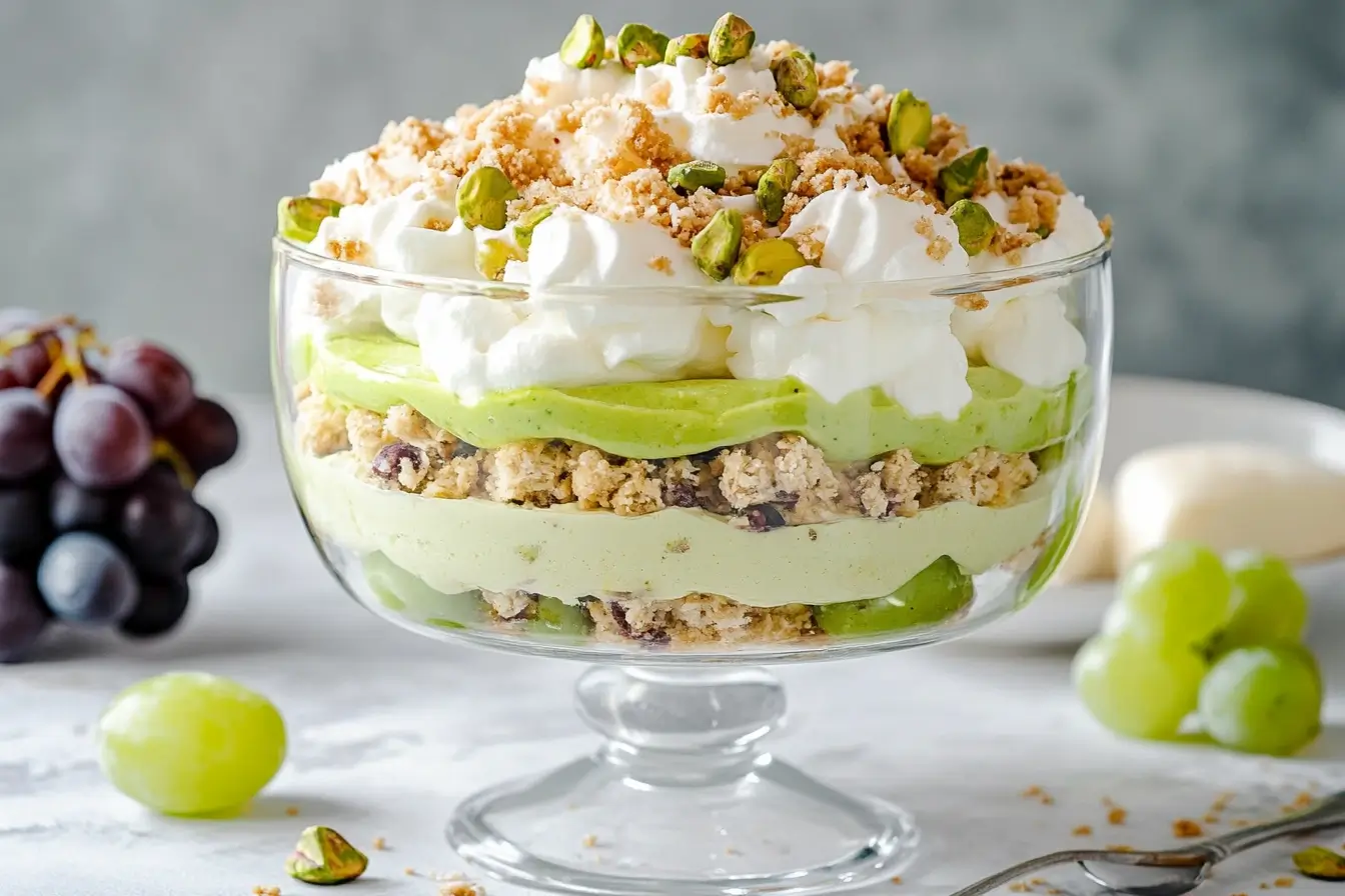 Layered pistachio pudding recipe with grapes in a clear trifle dish.