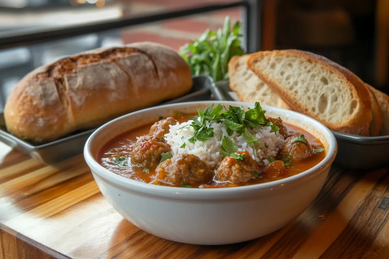 Warm bowl of porcupine soup with rice-spiked meatballs and herbs