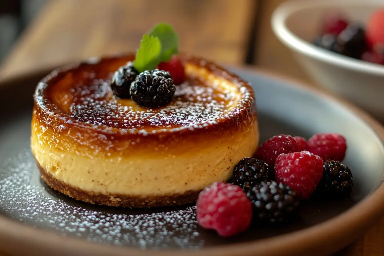 Mouthwatering creme brulee cheesecake with a caramelized sugar top and berries