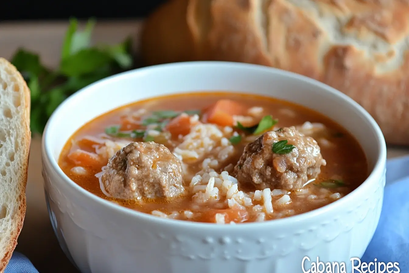 Simmering porcupine meatballs with mushroom soup in a rustic pot