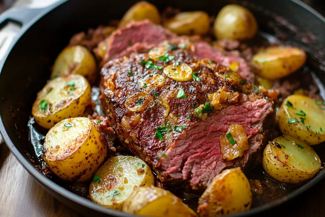 Overhead photo of skillet corned beef hash, illustrating Is corned beef good for breakfast?