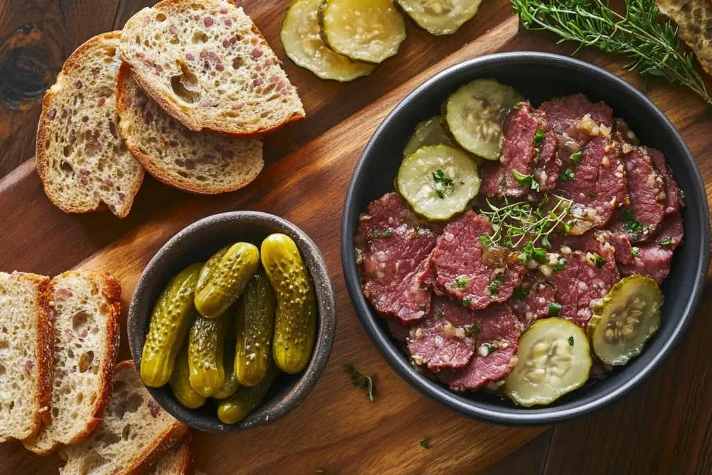 Overhead photo of skillet corned beef hash, illustrating Is corned beef good for breakfast?