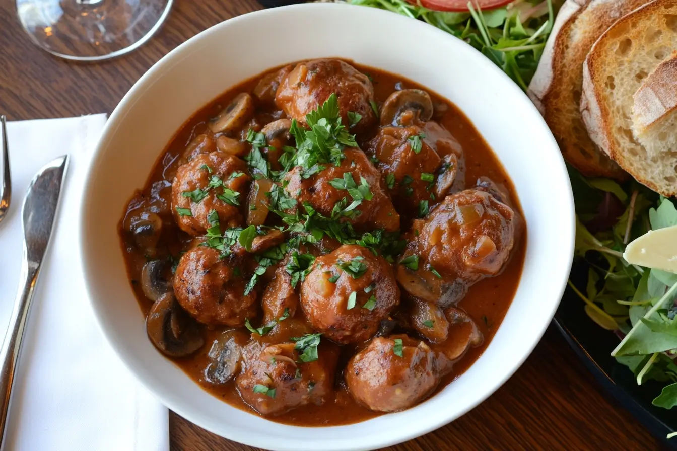 Plate displaying how to make porcupine meatballs with tomato soup? sliced open to show rice