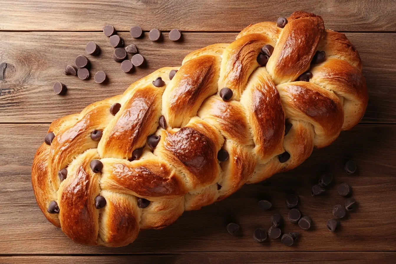 A freshly baked braided brioche filled with chocolate chips, shown from above.