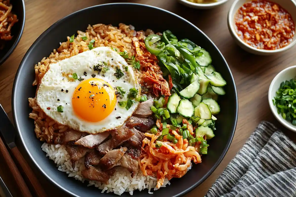 A sumptuous filipino breakfast plate with fried rice, pork, and egg in a cozy kitchen setting.