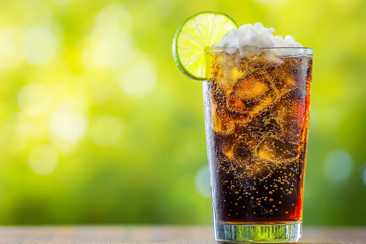 Tall glass of dirty soda recipes featuring cola, cream swirl, and lime wedge.
