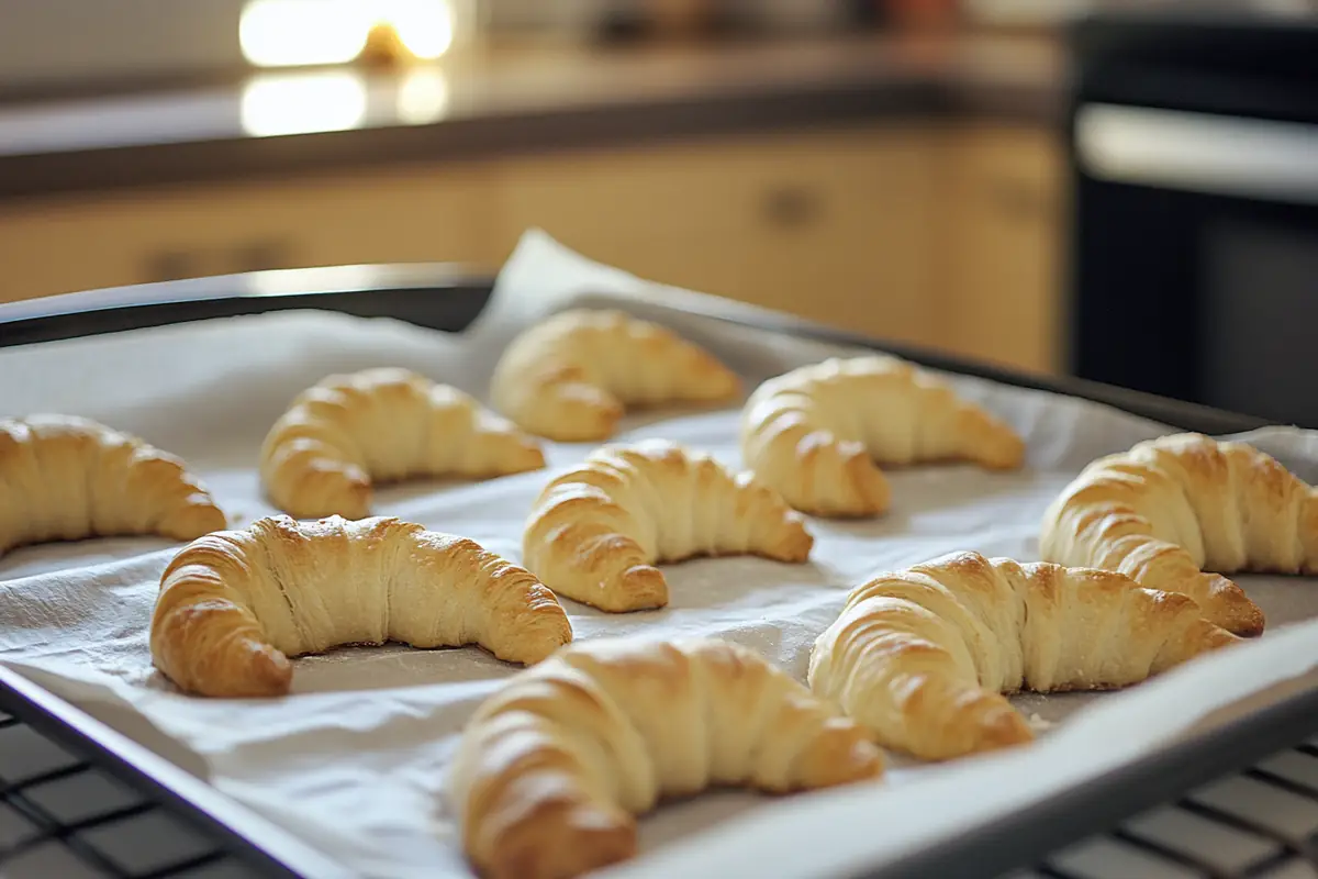 Unbaked crescents formed from a gipfeli recipe on parchment paper