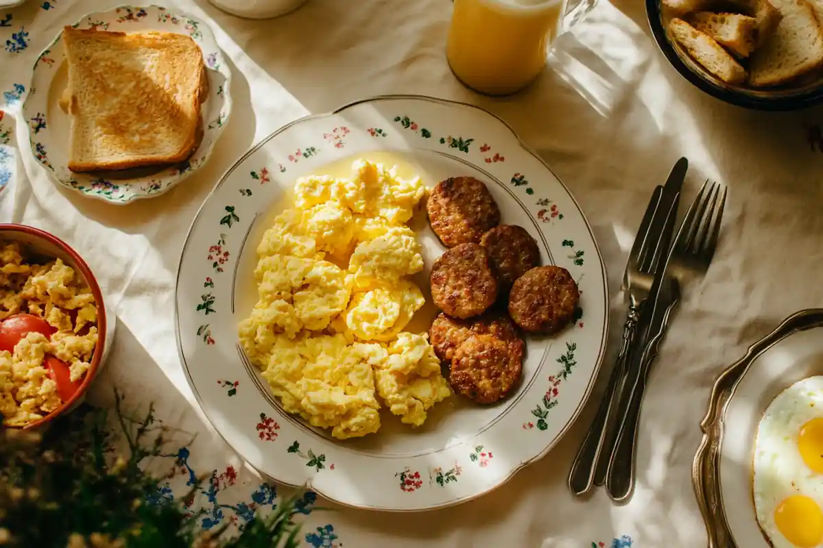 A hearty breakfast plate showcasing sausage, eggs, and toast using a jimmy dean breakfast sausage seasoning recipe style.