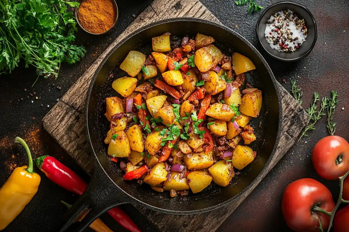 Overhead shot of a mexican potatoes breakfast recipe in a skillet, surrounded by spices.