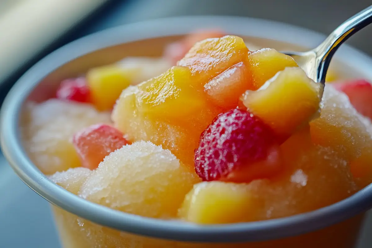 Spoon scooping fruit-filled slush, illustrating how Can the Ninja Creami make slushies easily